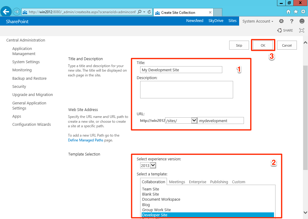 Create site collection Create site collection