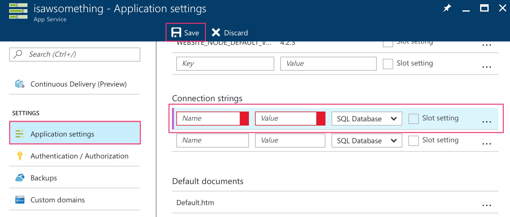 Connection string in application settings Setting application setting’s connection string