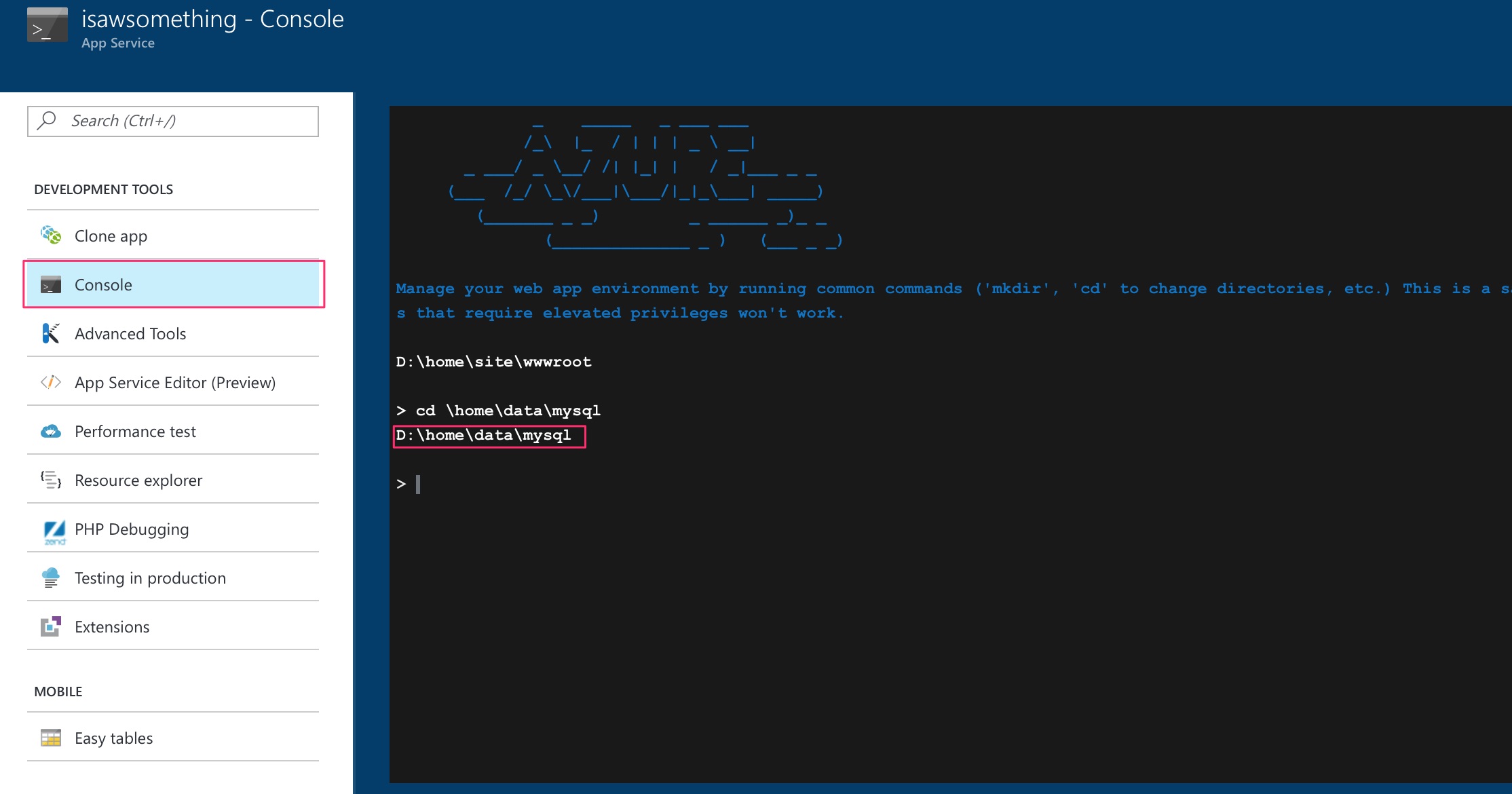 Azure portal console Azure portal’s console