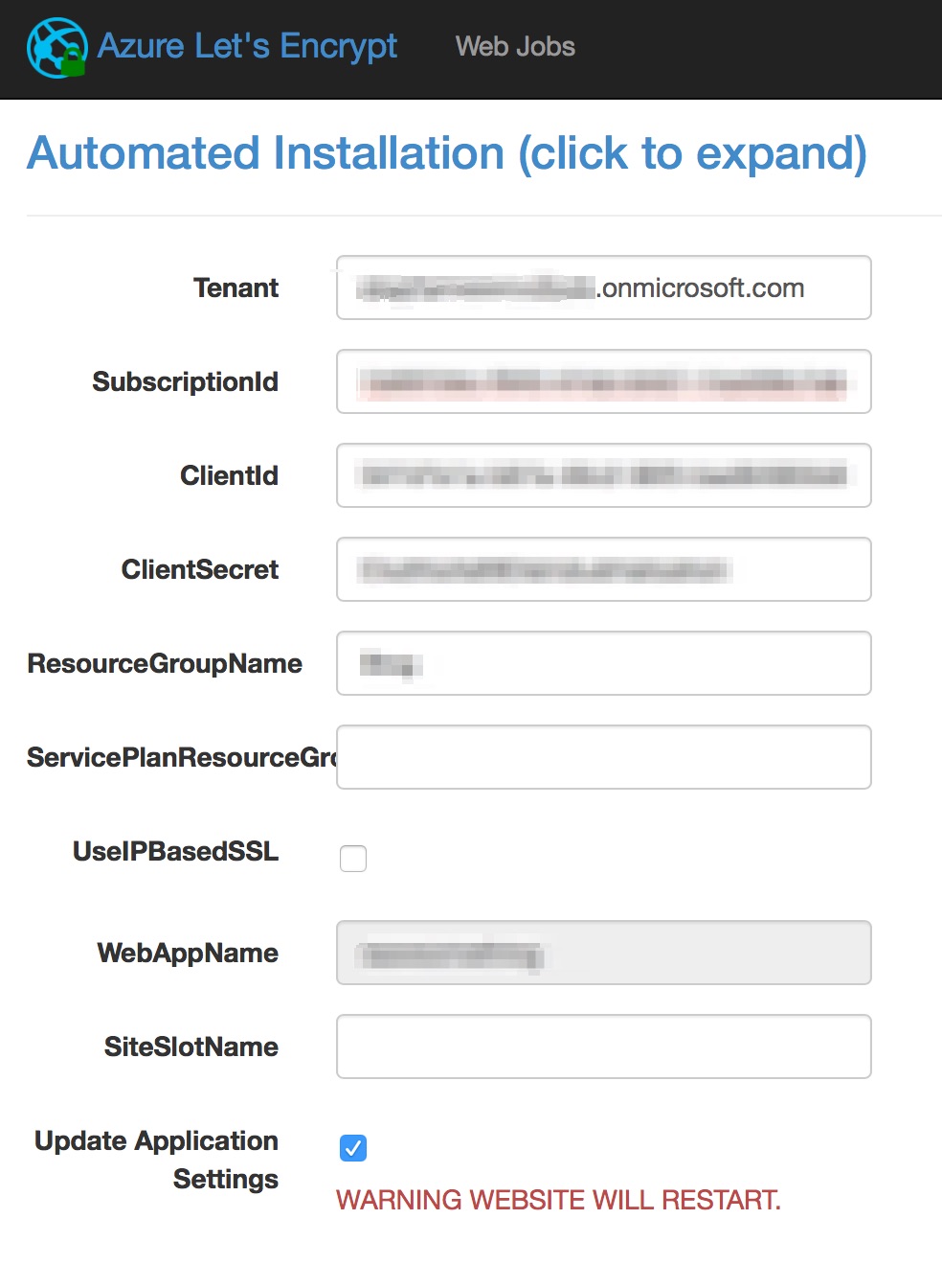 Azure Let’s Encrypt Configuration Azure Let’s Encrypt configuration page